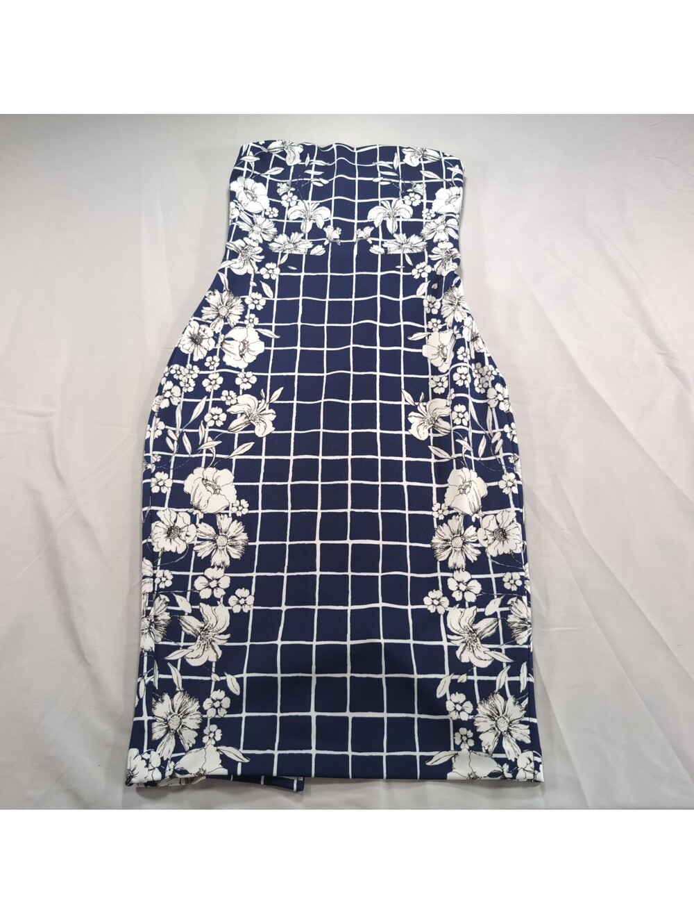 Express Floral Windowpane Strapless Bodycon Dress Navy Blue White Midi Size 2